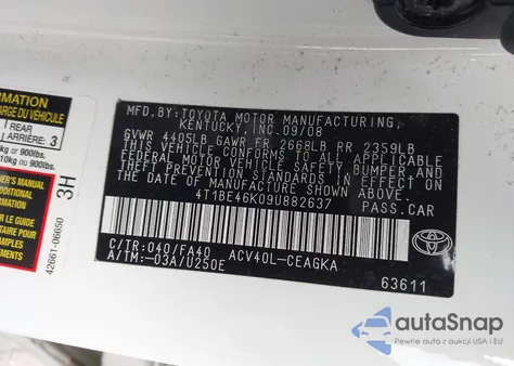 2009 Toyota Camry Xle z USA, uszkodzony, nr VIN 4T1BE46K09U882637